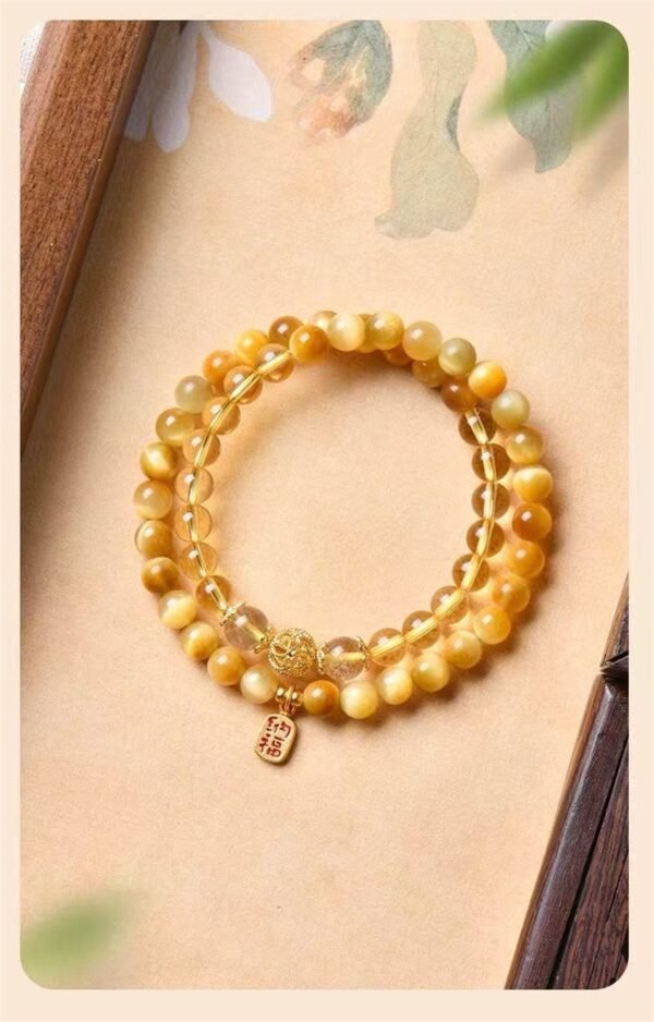 【Long Lasting Happiness】Natural Yellow Crystal with Gold tiger Eyes Multiple Stacking Wearing - Image 3